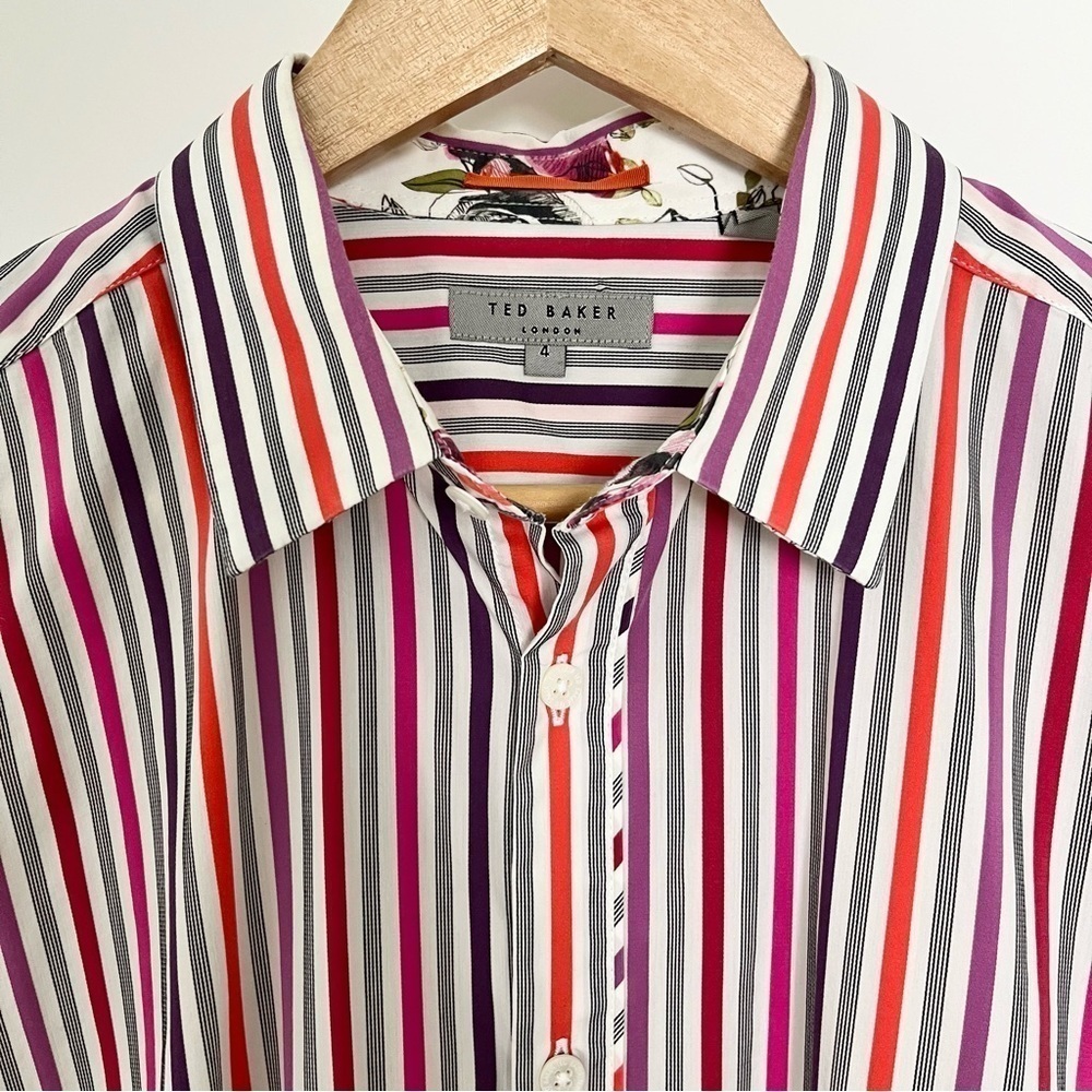 Ted Baker London Striped Button Down Dress Shirt with Floral Details-Red-Large